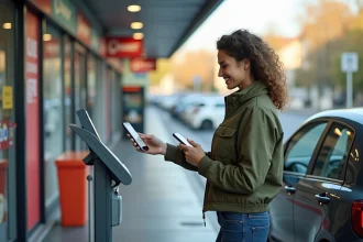 Femme utilisant un code promo Carrefour Drive sur son smartphone au point de retrait drive