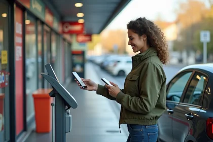 Femme utilisant un code promo Carrefour Drive sur son smartphone au point de retrait drive