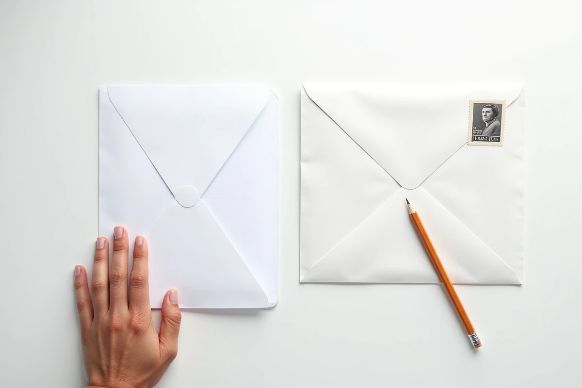 Vue de dessus de deux enveloppes côte à côte, l'une timbrée classiquement et l'autre prépayée Lettre T La Poste