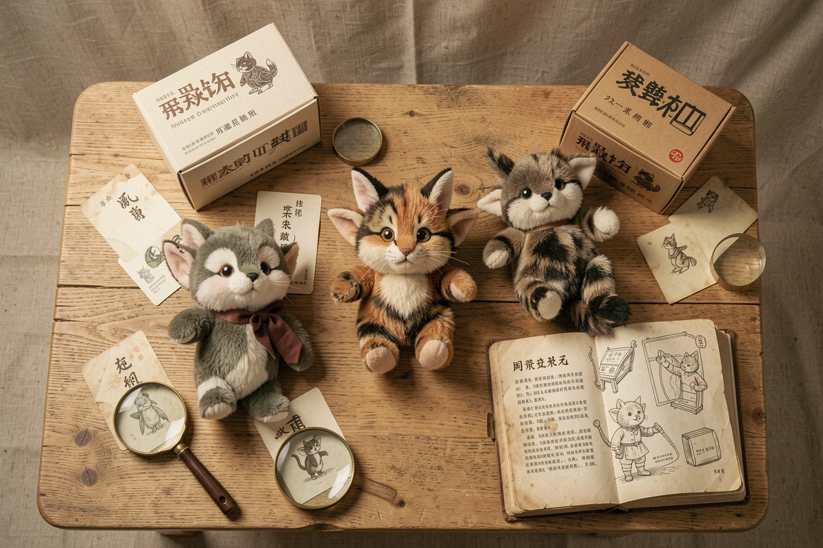 Vue de dessus comparant plusieurs générations de peluches Labubu avec leurs certificats d'authenticité et emballages d'origine