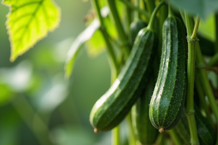 Concombres frais sur vignes vertes dans un jardin