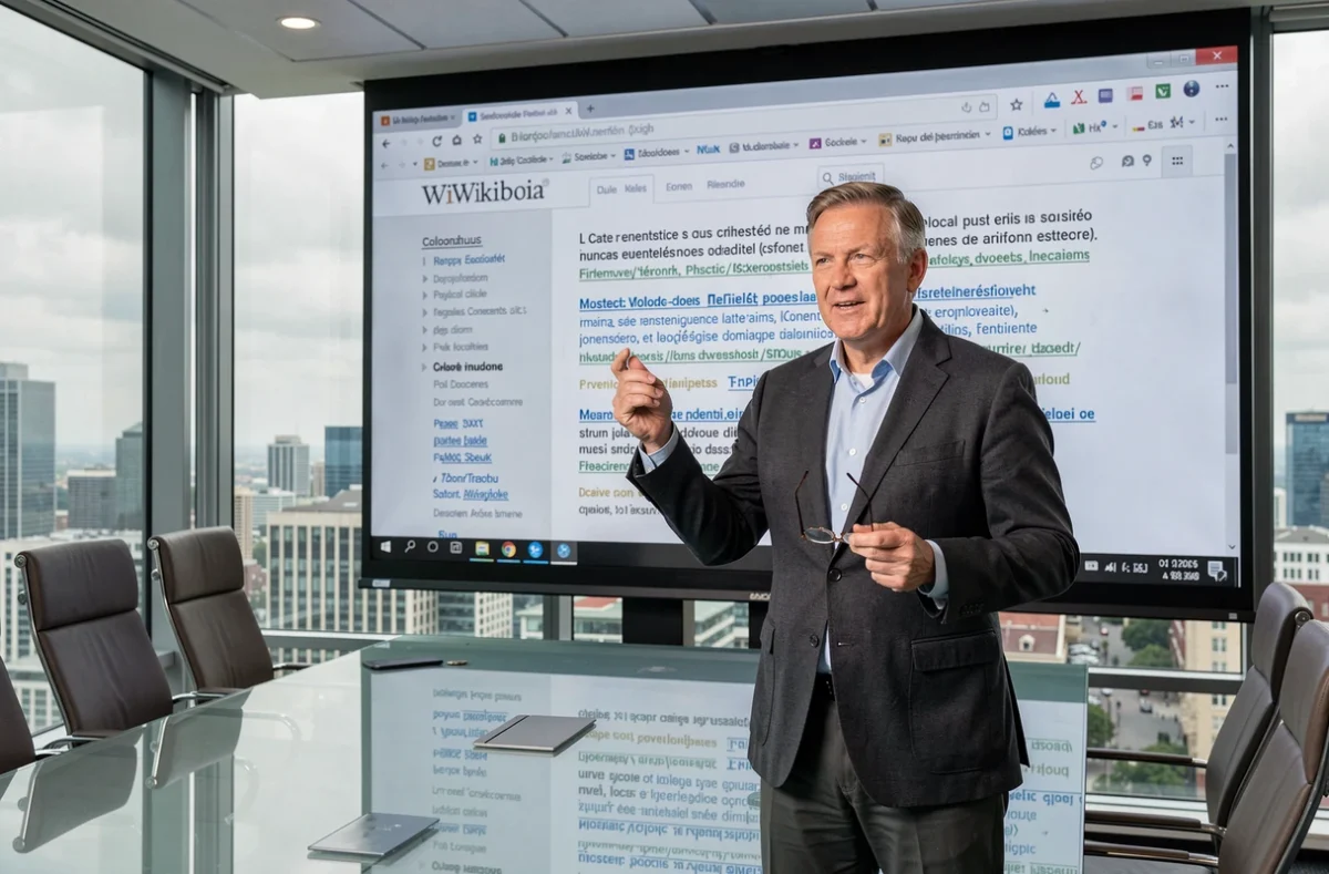 Homme en veste grise présentant une page Wikipédia sur grand écran lors d'une conférence médiatique dans une salle moderne