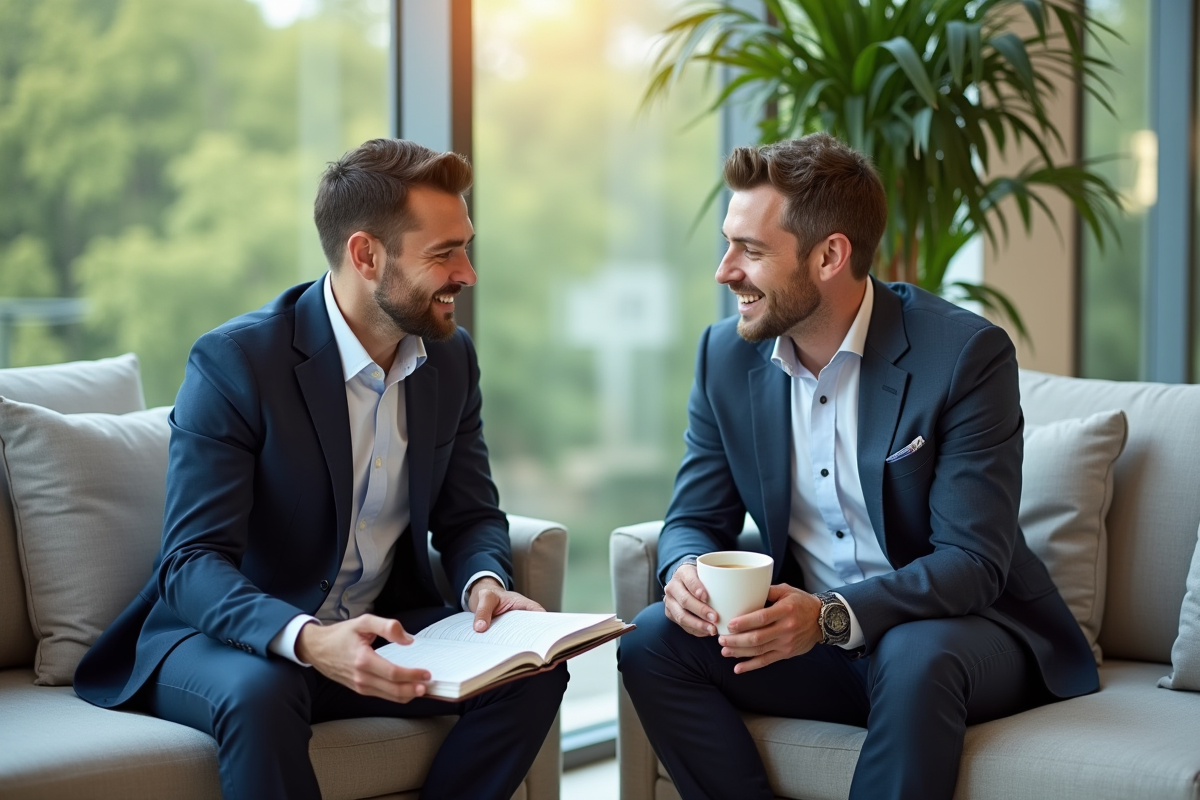 Conseiller et client discutant dans un salon lumineux avec café