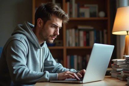 Jeune homme consultant d'anciennes archives de topics JVC sur son ordinateur portable dans un bureau à domicile