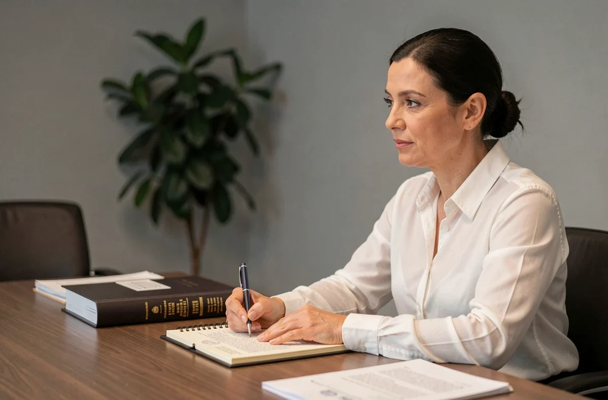 Femme prenant des notes lors d'une consultation chez un notaire, dans le cadre d'une procédure juridique liée aux NORIAS