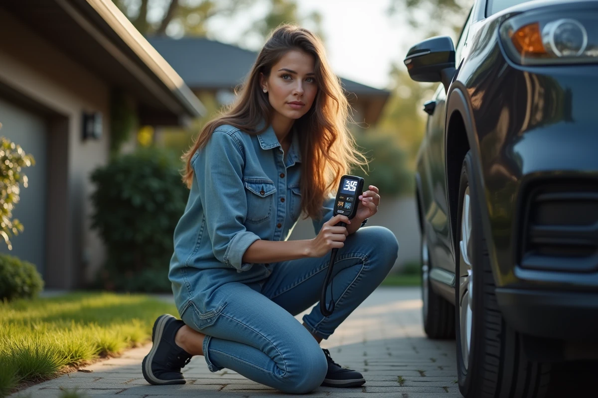Femme vérifiant la pression d’un pneu avec un manomètre digital