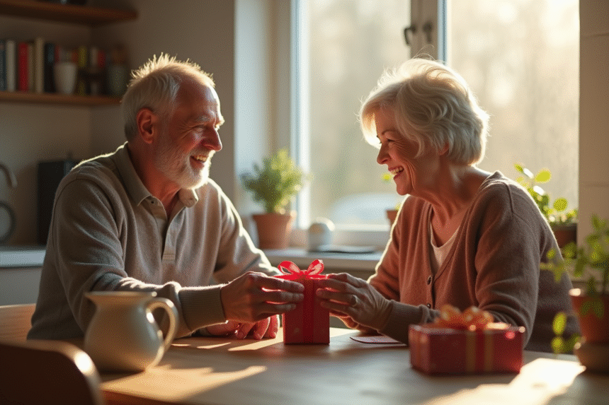 Couple échangeant des cadeaux dans une cuisine lumineuse
