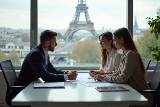 Jeune couple avec conseiller financier à Paris pour un prêt immobilier