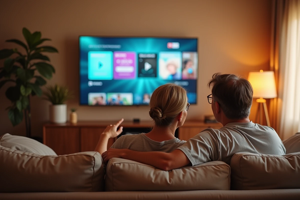 Couple regardant le guide des programmes TV gratuits sur leur télévision connectée
