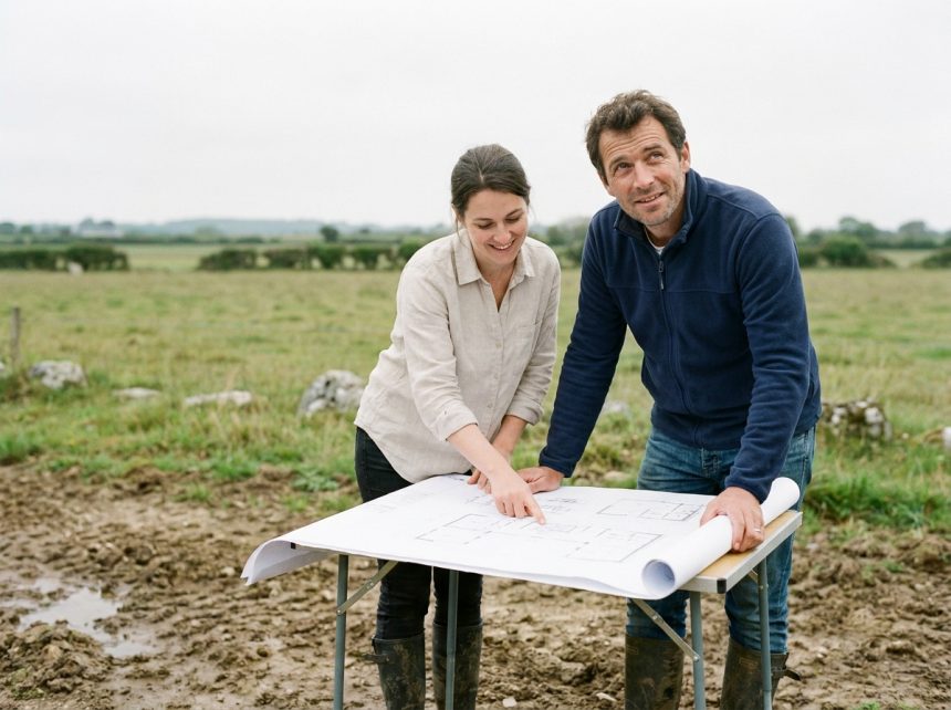 Couple étudiant les plans de leur future maison sur un terrain en Bretagne