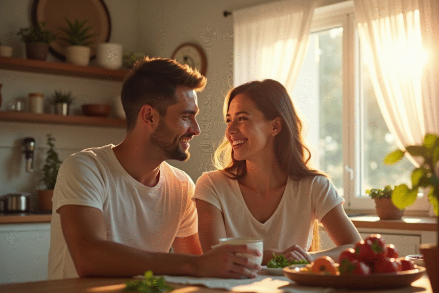 Couple heureux assis à une table de cuisine ensoleillée