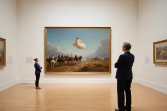 Curatrice examinant une reproduction du tableau American Progress de John Gast dans une galerie de musée avec des œuvres de conquête de l'Ouest américain en arrière-plan