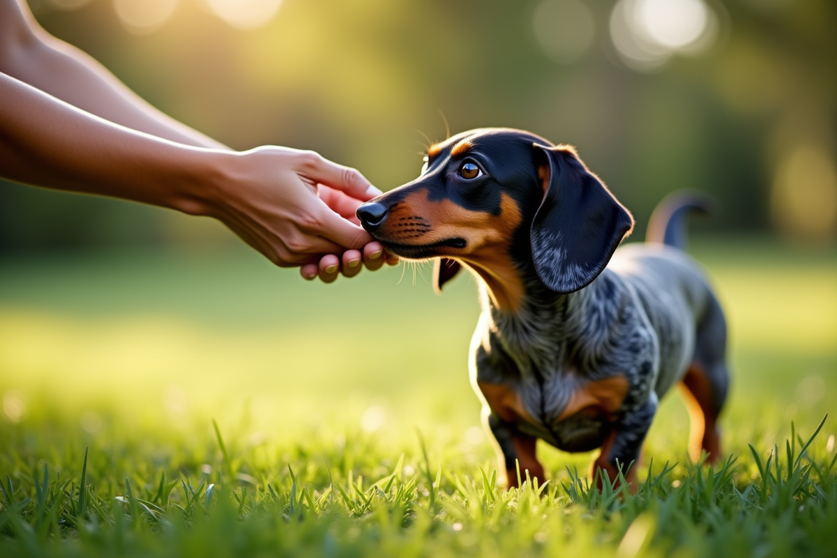 Dachshund tacheté avec une personne en plein air sur l