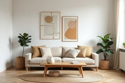 Salon moderne entièrement décoré avec des meubles et accessoires trouvés chez Stokomani Tourcoing, style scandinave cosy avec canapé beige et tapis en laine