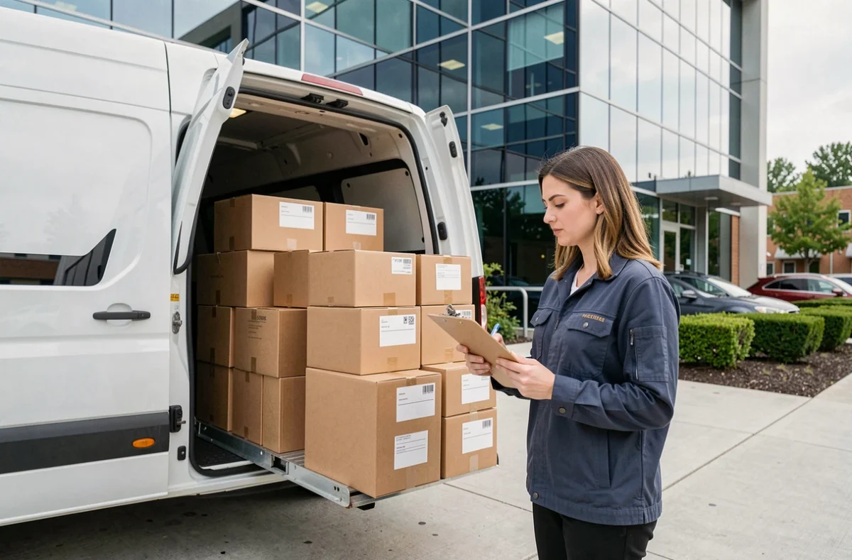Coordinatrice de l'entreprise Demantes supervisant le chargement de cartons devant un bâtiment de bureaux moderne