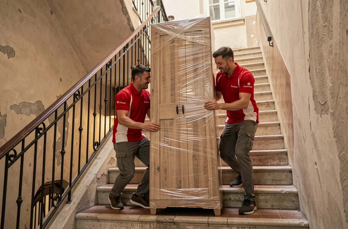Deux déménageurs des Déménageurs Basques manœuvrant une armoire emballée dans un escalier d'immeuble parisien