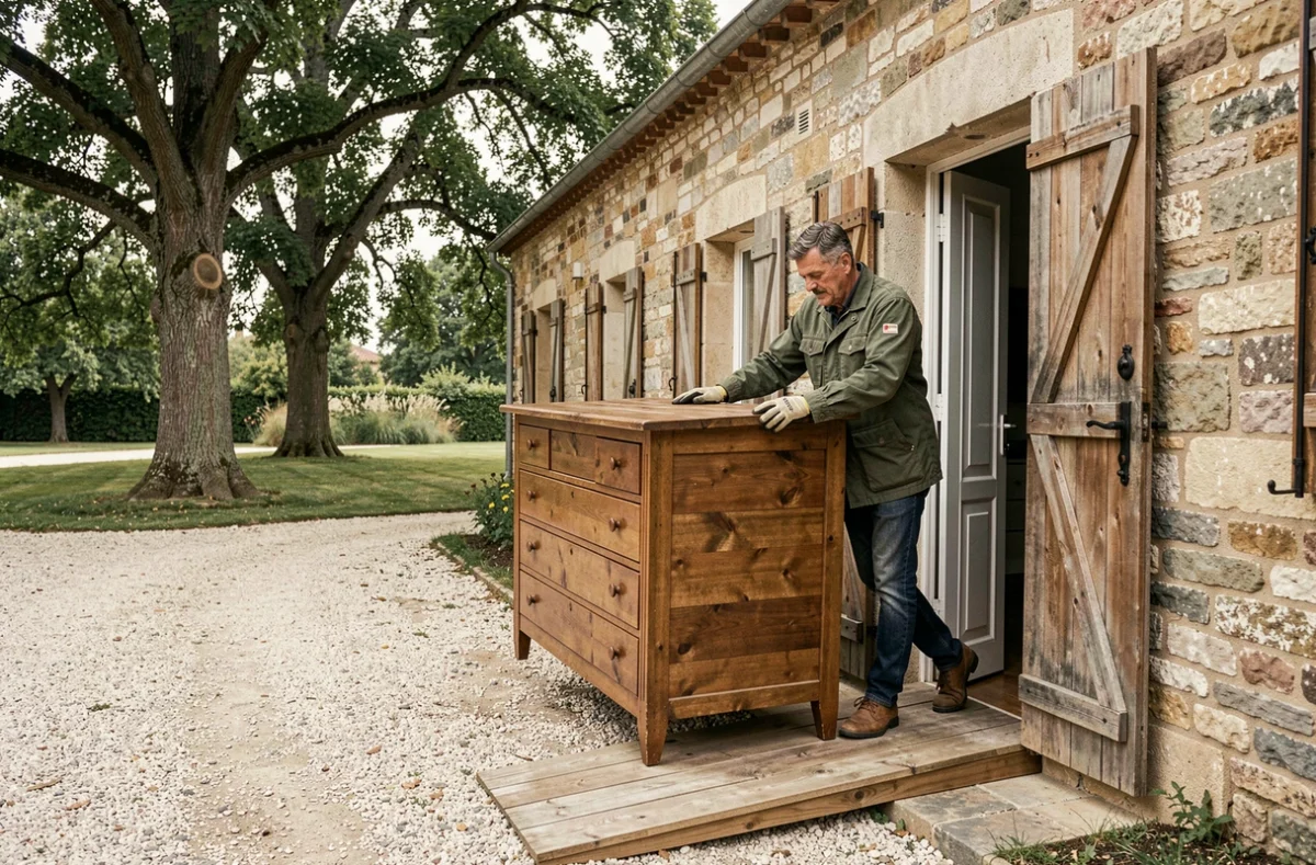 Déménageur de Denis Déménagement déplaçant une commode en bois à travers la porte d'une maison en pierre française