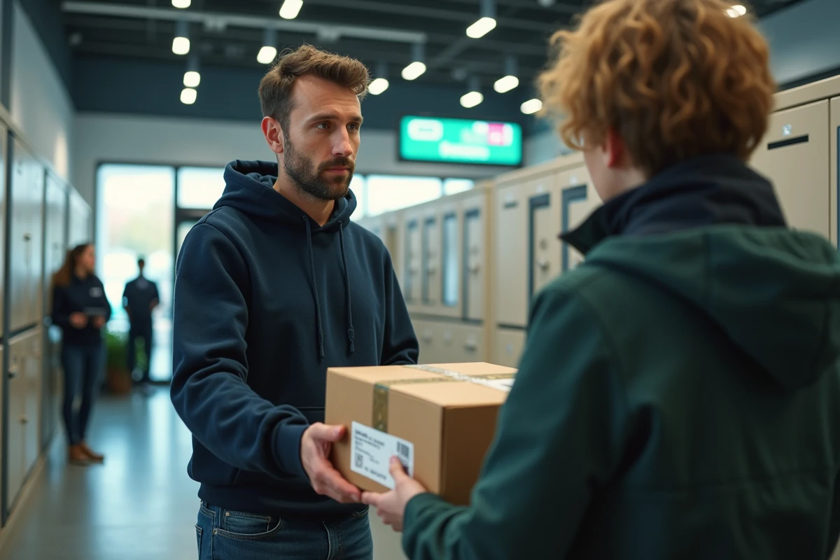 Homme déposant un colis Vinted dans un point relais pour un envoi à l'étranger, remettant le paquet à un agent postal