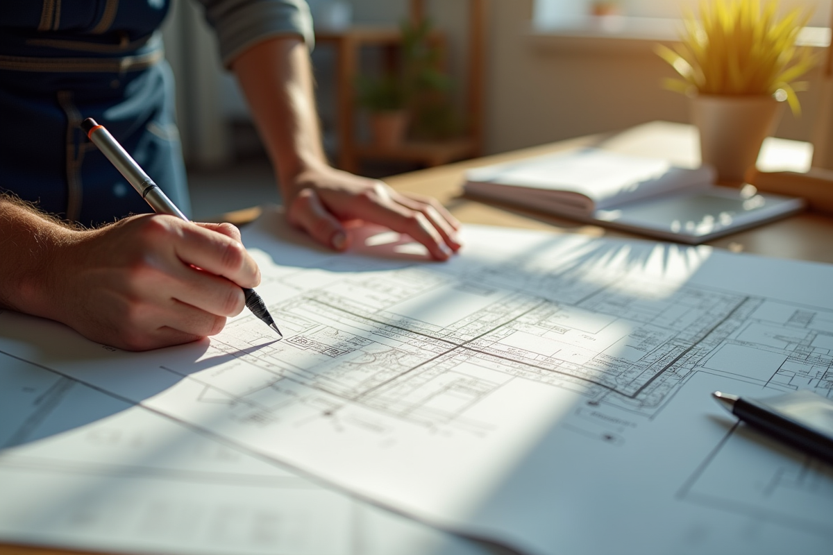 Designer créatif esquissant des plans architecturaux en lumière naturelle