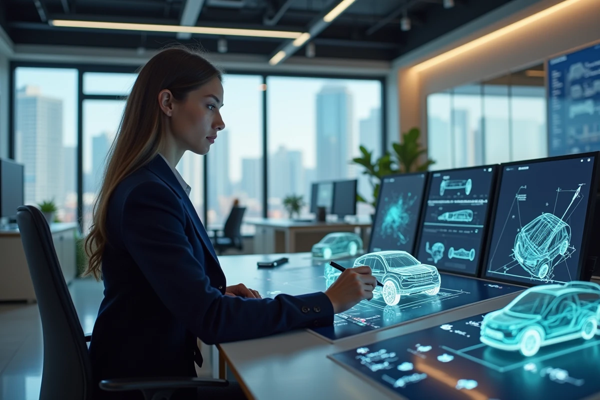 Jeune femme designer esquisse concepts de véhicules futuristes