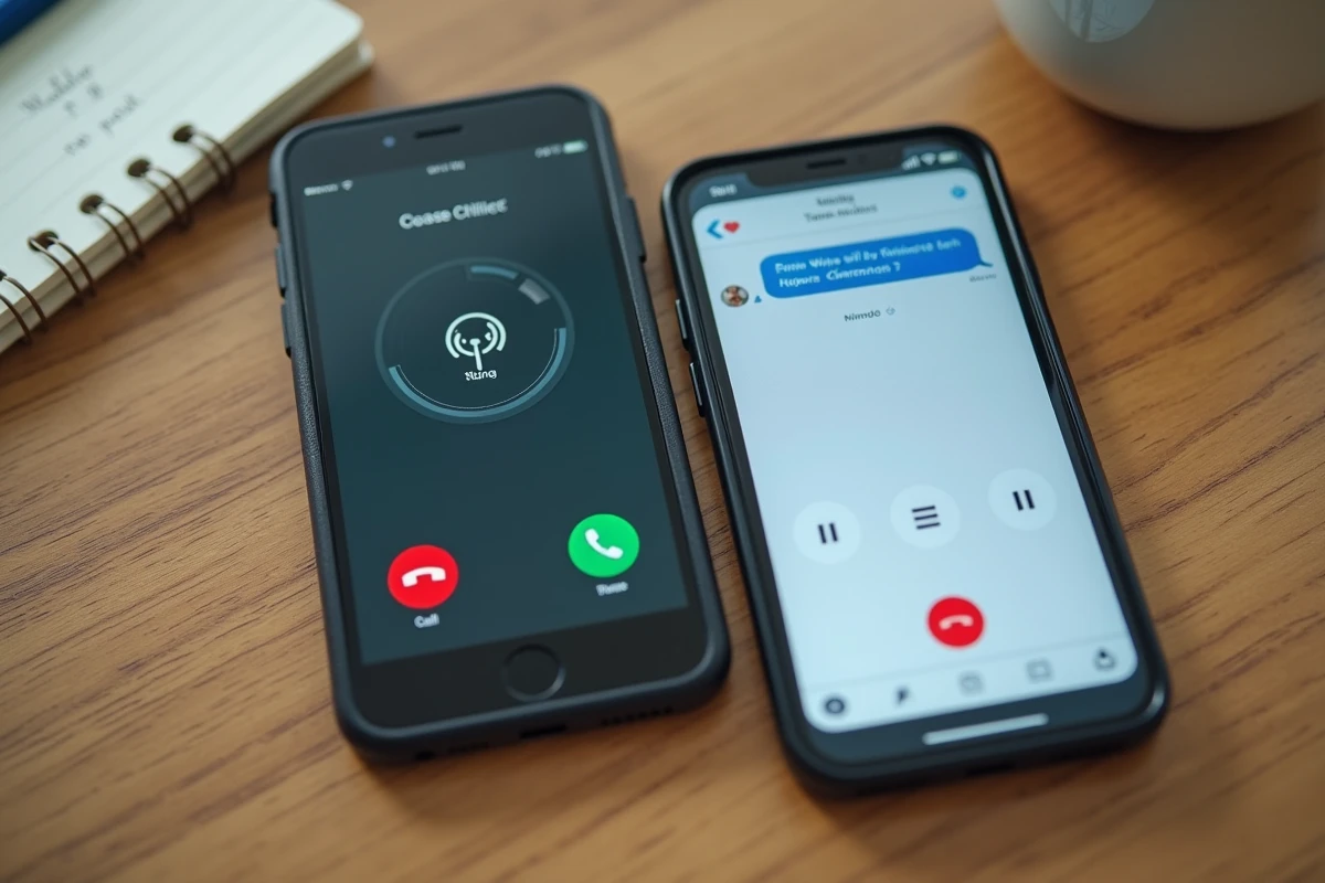 Deux smartphones sur un bureau montrant les signes d'un numéro bloqué via appel et SMS