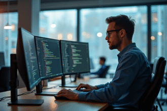 Développeur concentré travaillant à un bureau moderne avec plusieurs écrans