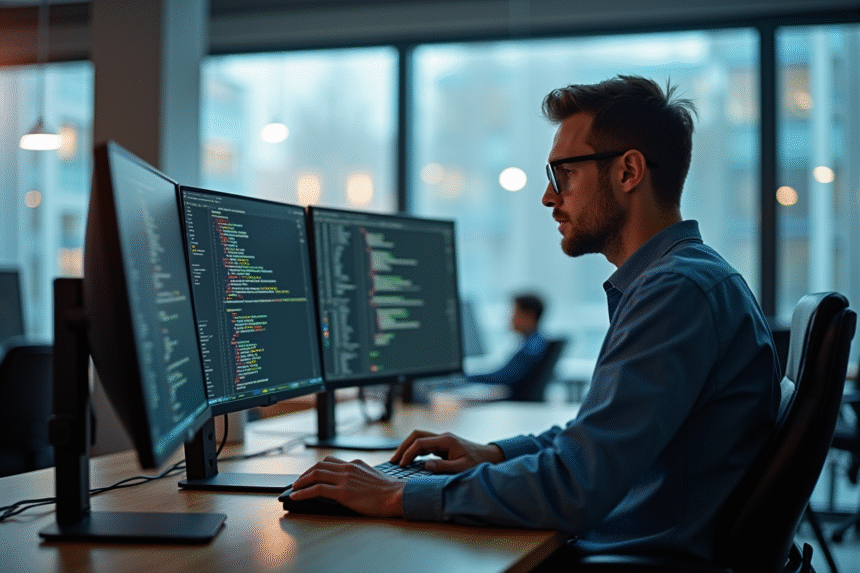 Développeur concentré travaillant à un bureau moderne avec plusieurs écrans