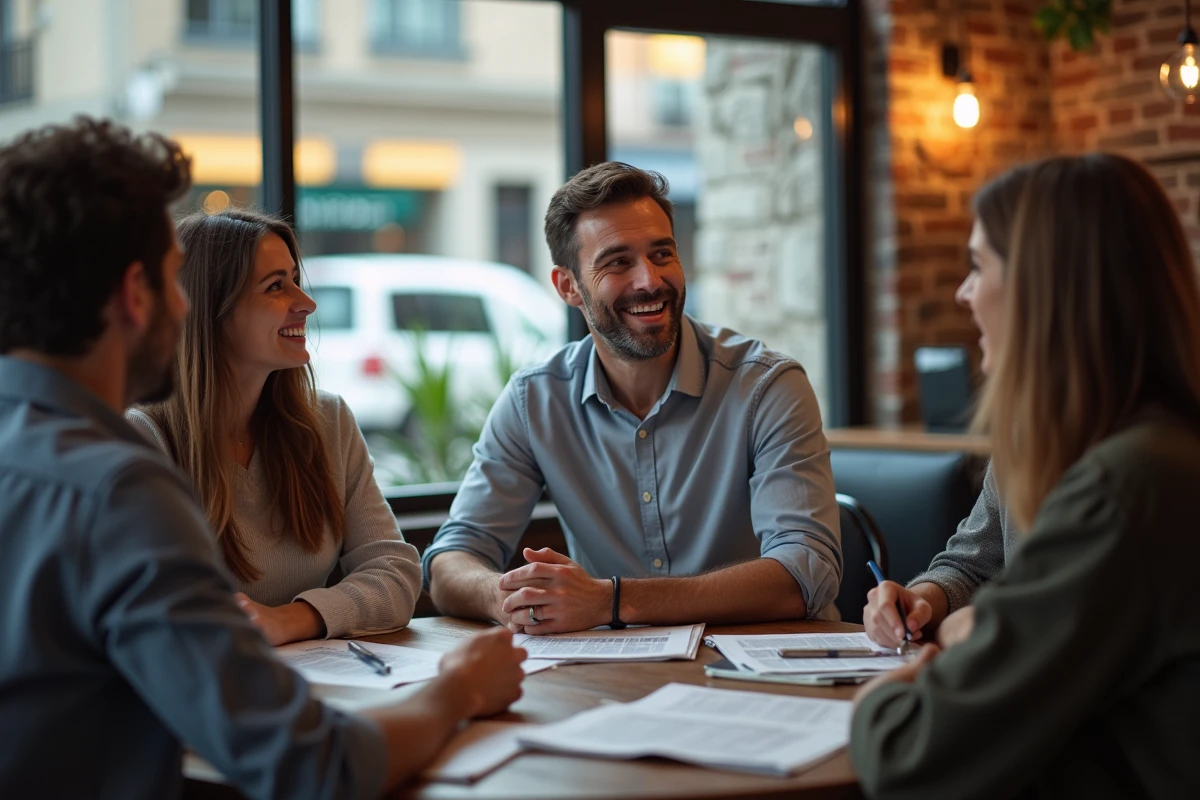 Journaliste discutant avec collègues dans un café animé et lumineux