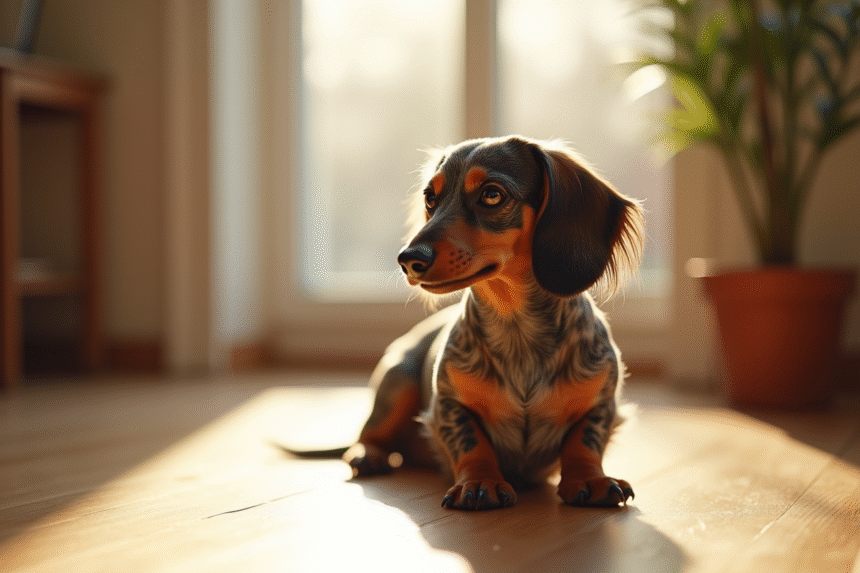 Dogue teckel tacheté assis sur un sol en bois ensoleille