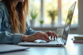 Étudiant utilisant un ordinateur sur un bureau lumineux