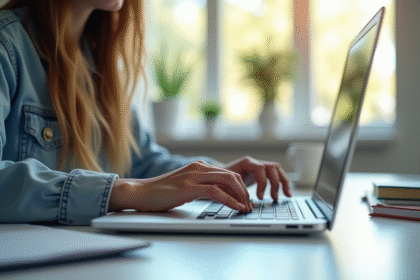 Étudiant utilisant un ordinateur sur un bureau lumineux