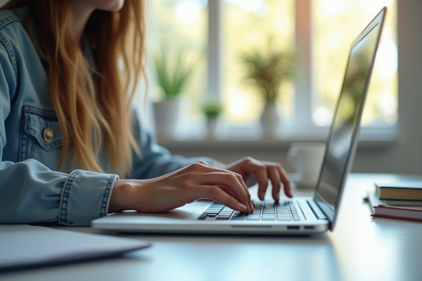 Étudiant utilisant un ordinateur sur un bureau lumineux