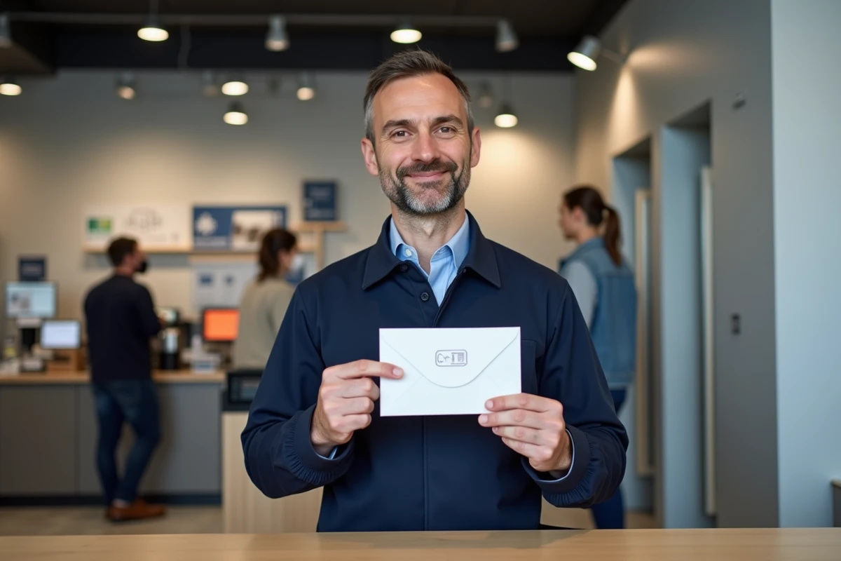 Employé de La Poste expliquant l'emplacement du timbre sur une enveloppe T prépayée au guichet