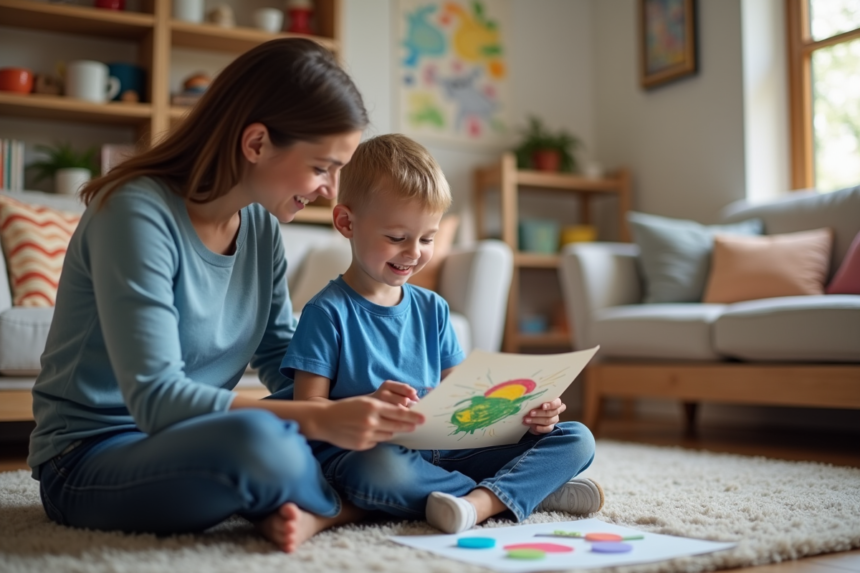 Jeune garçon souriant avec un adulte qui montre un dessin coloré