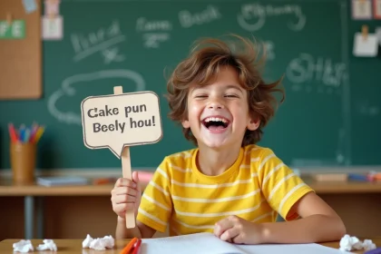 Enfant souriant tenant une bulle de dialogue avec un jeu de mots drôle dans une salle de classe colorée