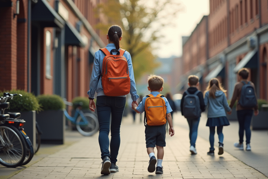 Jeune garçon avec sac à dos devant école en matinée
