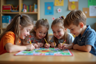 Groupe d'enfants jouant à un jeu éducatif en classe