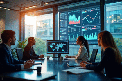 Groupe de professionnels d'affaires analysant des graphiques financiers