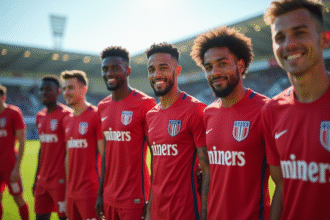 Groupe de joueurs de football amiens SC souriants en extérieur