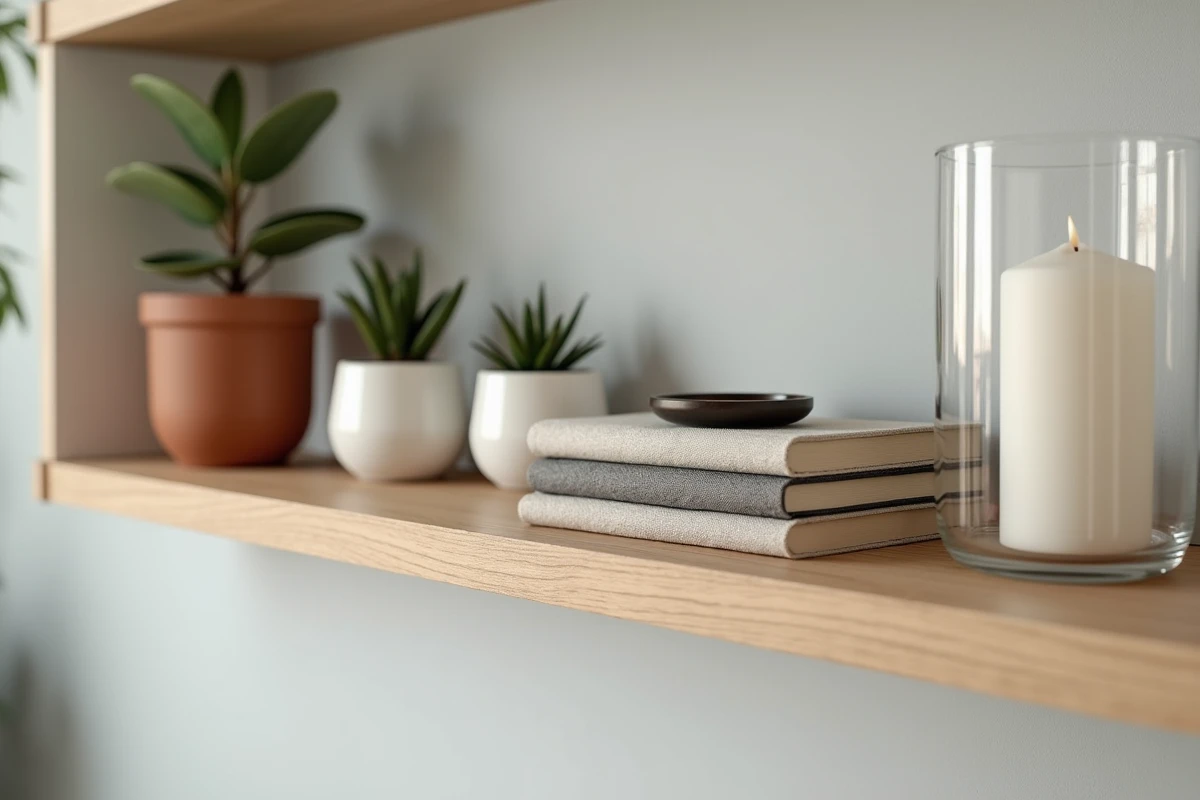 Gros plan sur une étagère de salon décorée avec des céramiques, plantes succulentes et objets décoratifs achetés à petit prix chez Stokomani à Tourcoing