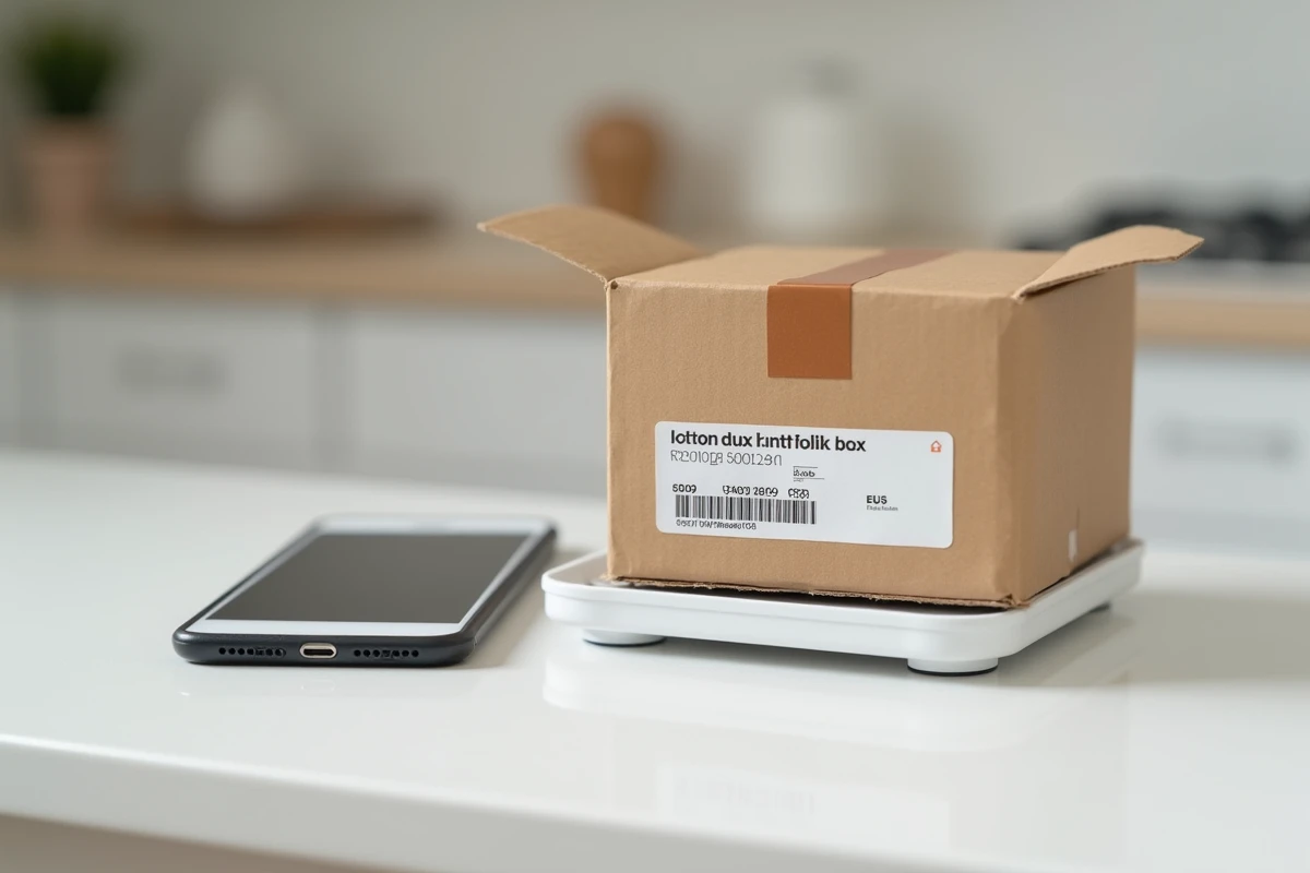 Gros plan sur un colis avec étiquette d'expédition internationale posé sur une balance postale à côté d'un smartphone affichant l'application Vinted