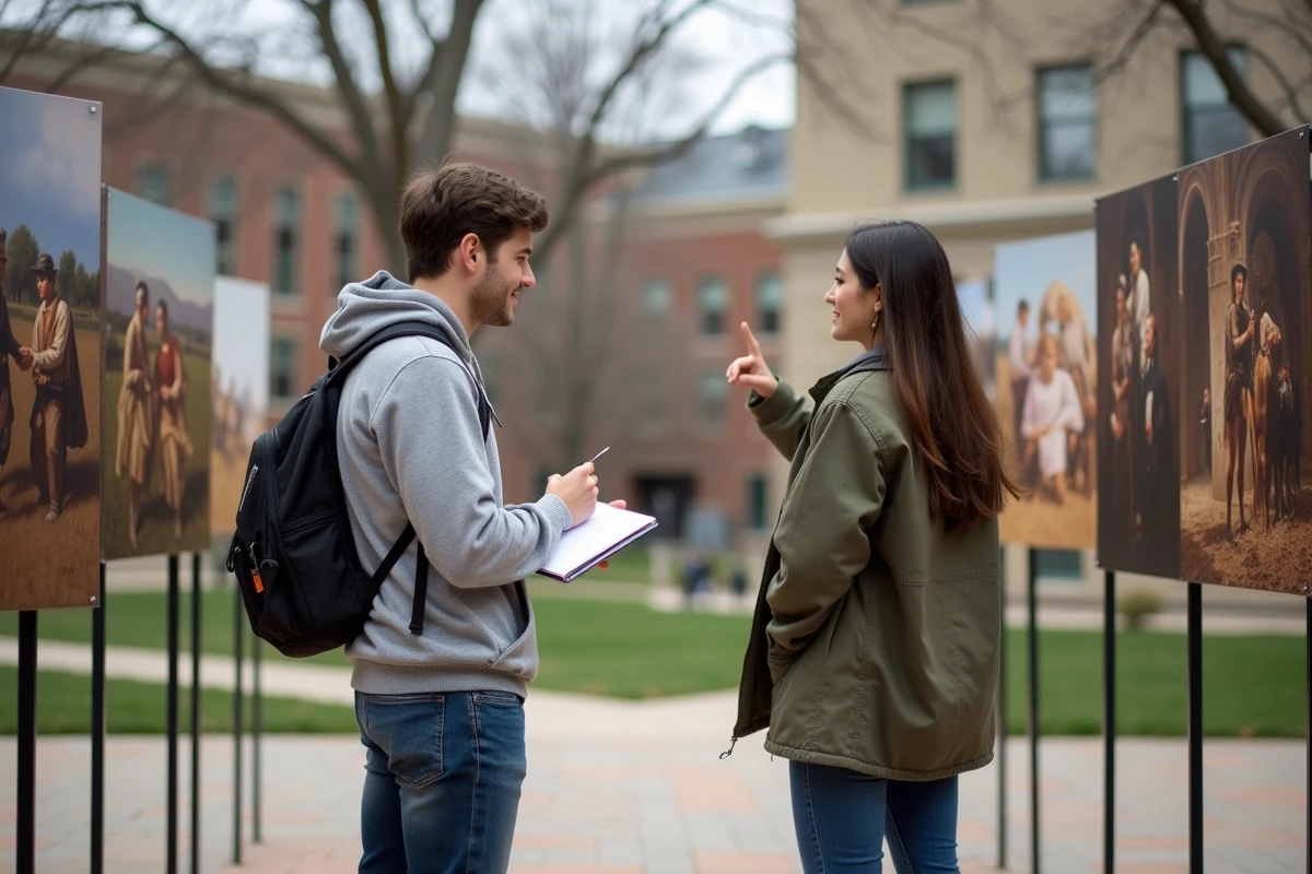 Étudiants en histoire de l'art comparant des panneaux illustrant le tableau American Progress de John Gast et d'autres images de conquête de l'Ouest dans une cour d'université