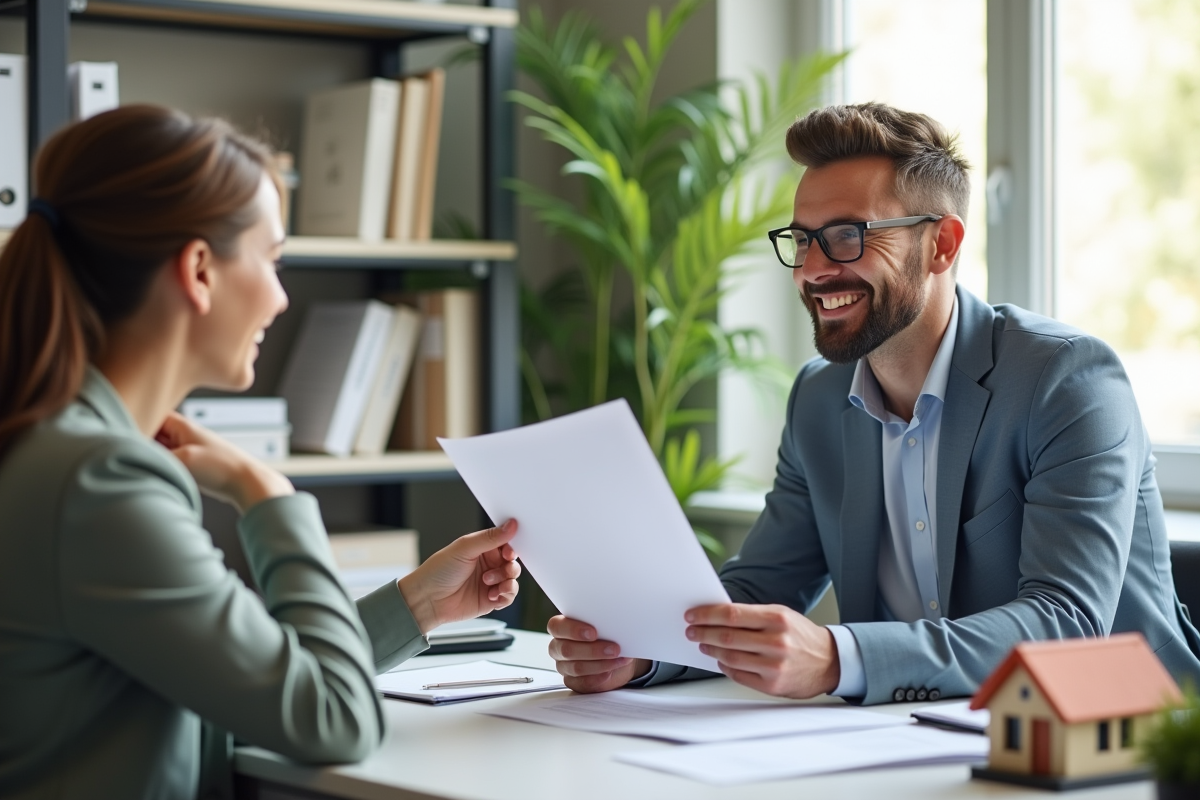 Comptable remettant déclaration fiscale à un propriétaire souriant