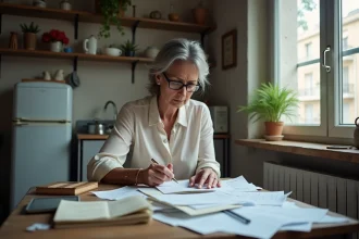 Femme d'âge mûr calculant les dépenses de cantine pénitentiaire à sa table de cuisine, entourée de factures et relevés bancaires