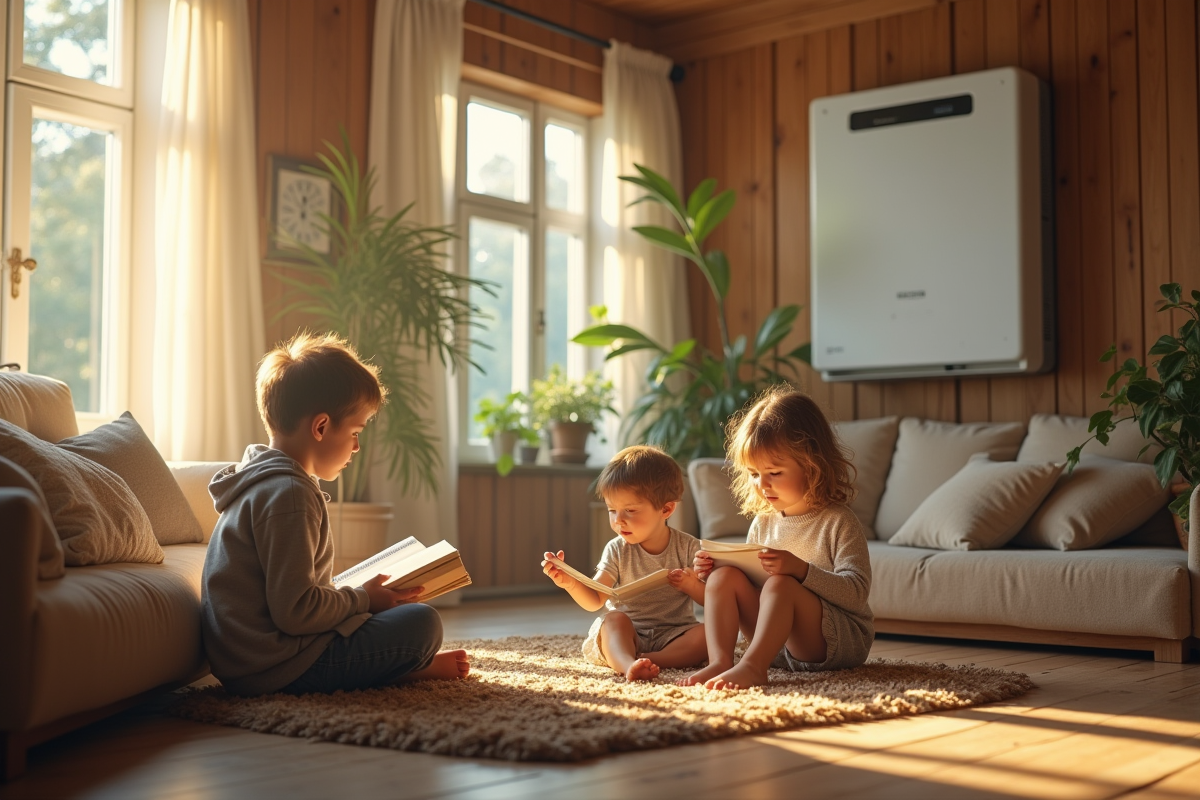 Famille utilisant énergie renouvelable avec batteries domestiques