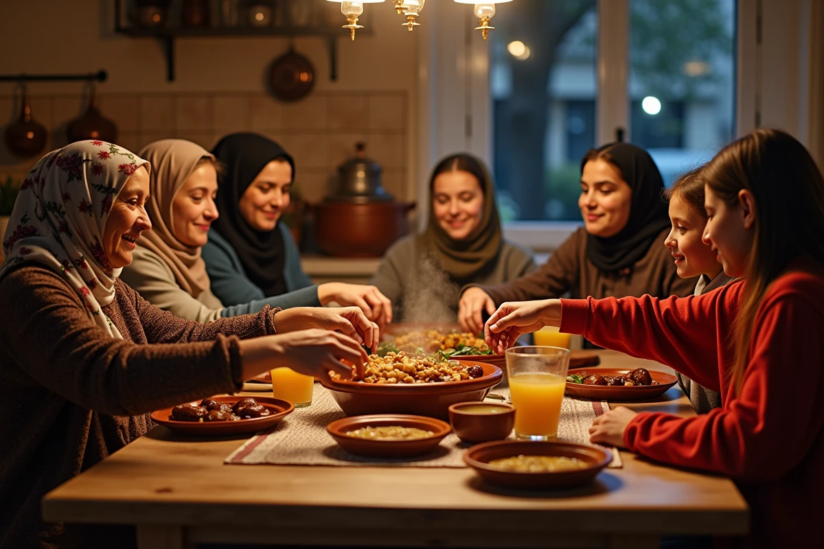Famille musulmane réunie autour du repas de l'Iftar pendant le Ramadan à Lyon avec tagine et dattes