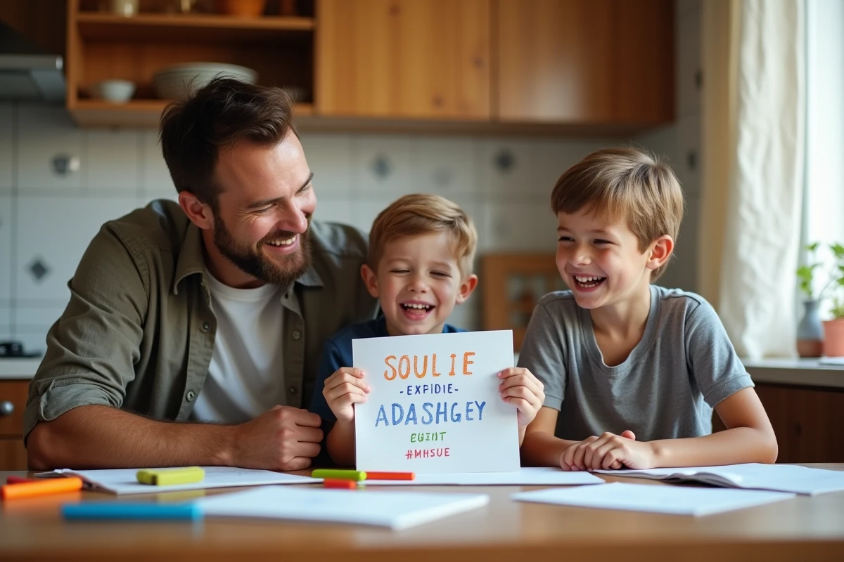 Père et ses deux fils riant autour d'une table de cuisine avec des jeux de mots sur des cartes colorées