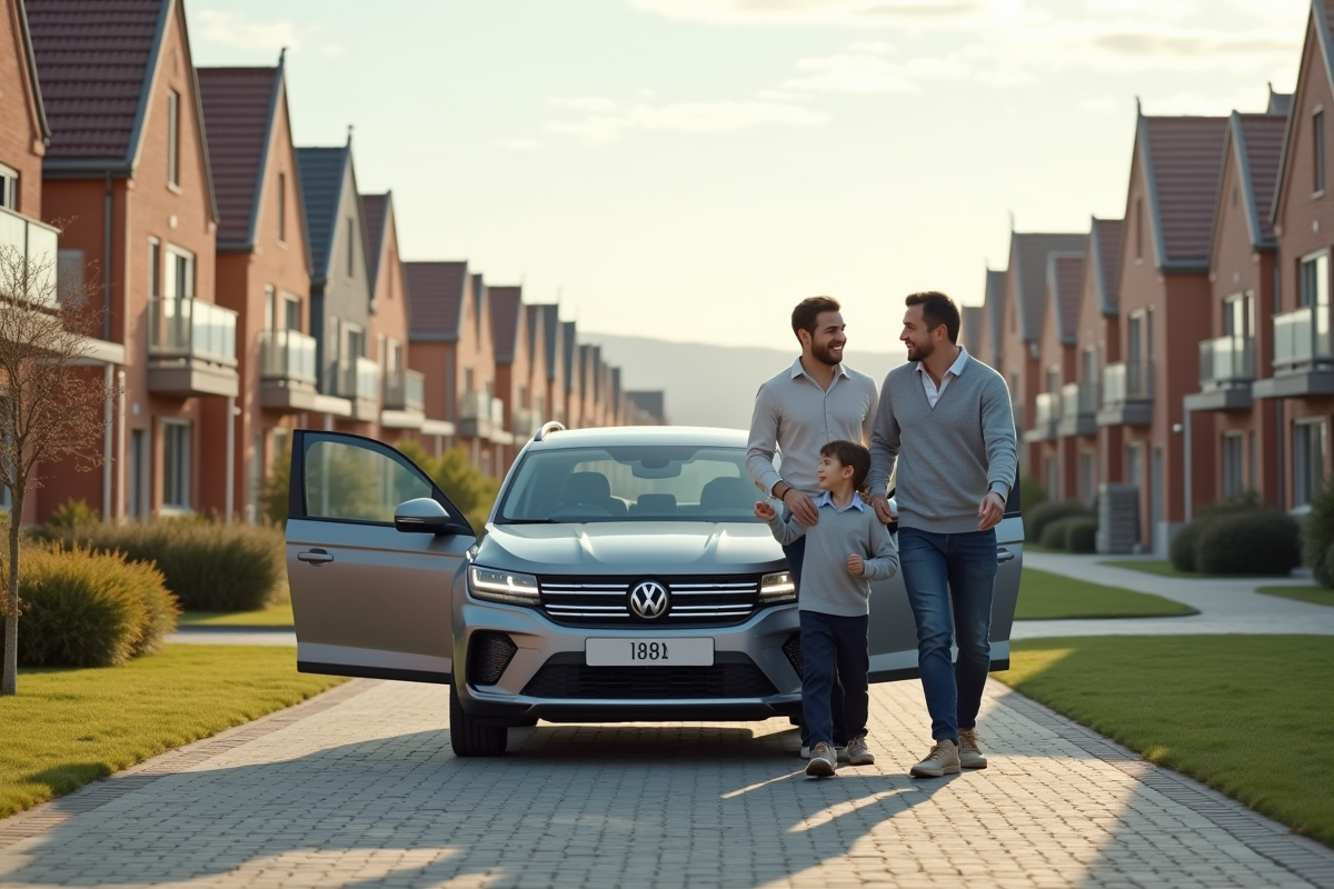 Famille dans une rue résidentielle en expansion urbaine