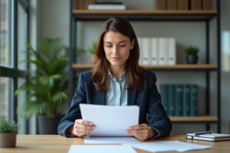 Femme d'affaires examinant des contrats de location au bureau