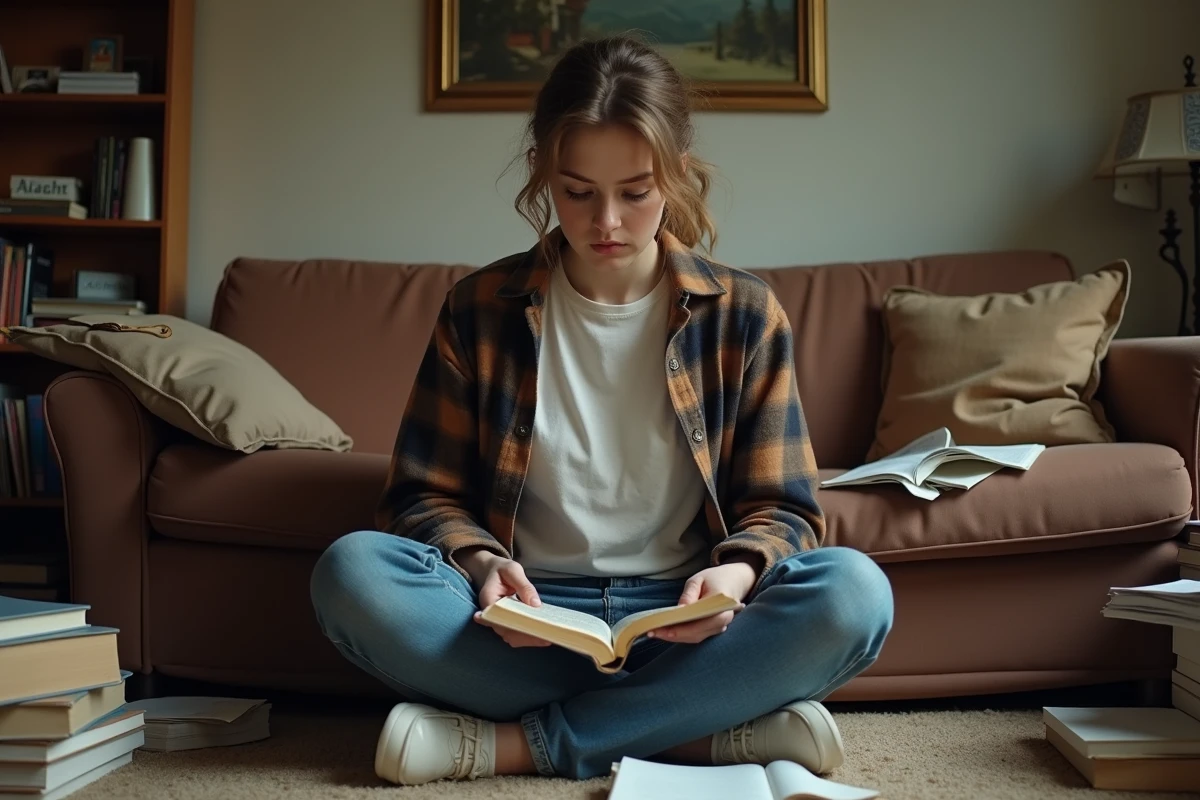 Jeune femme lisant dans un appartement désordonné